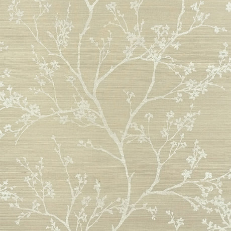 Twiggy Sisal wallpaper in Fog by Schumacher, featuring delicate flowering branches on a textured background.