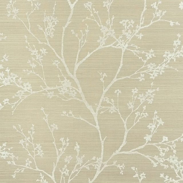 Twiggy Sisal wallpaper in Fog by Schumacher, featuring delicate flowering branches on a textured background.