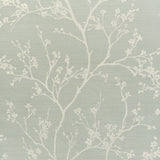 Twiggy Sisal wallpaper in Sky by Schumacher features delicate flowering branches silhouetted against a soft blue background, adding a serene, nature-inspired touch to interiors.