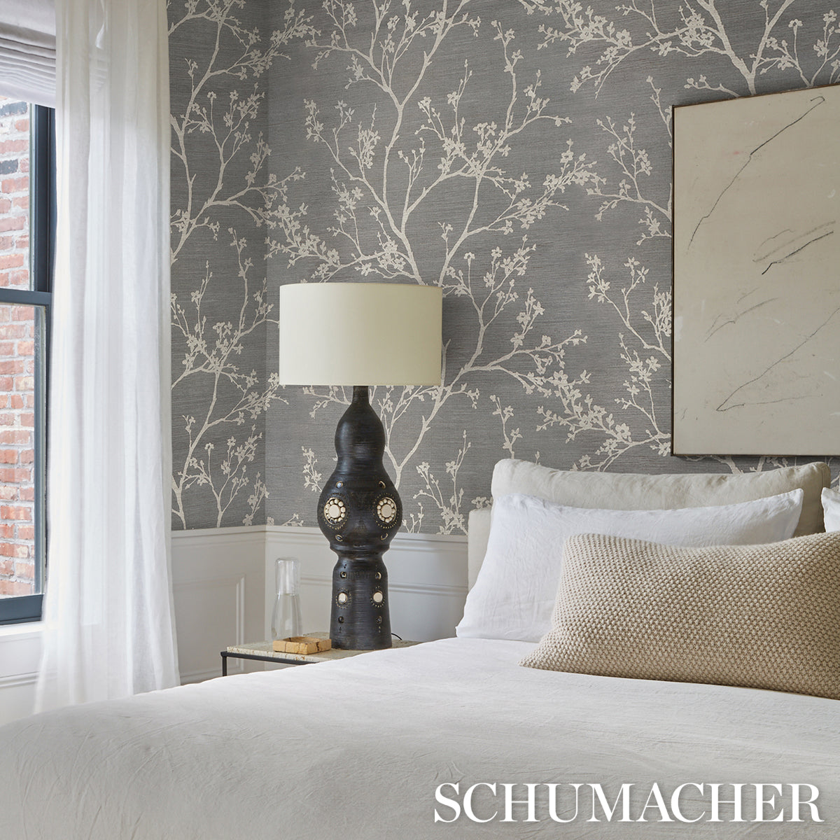 Twiggy Sisal Charcoal by Schumacher Hand Screen Printed Wallpaper – Schumacher 5008295