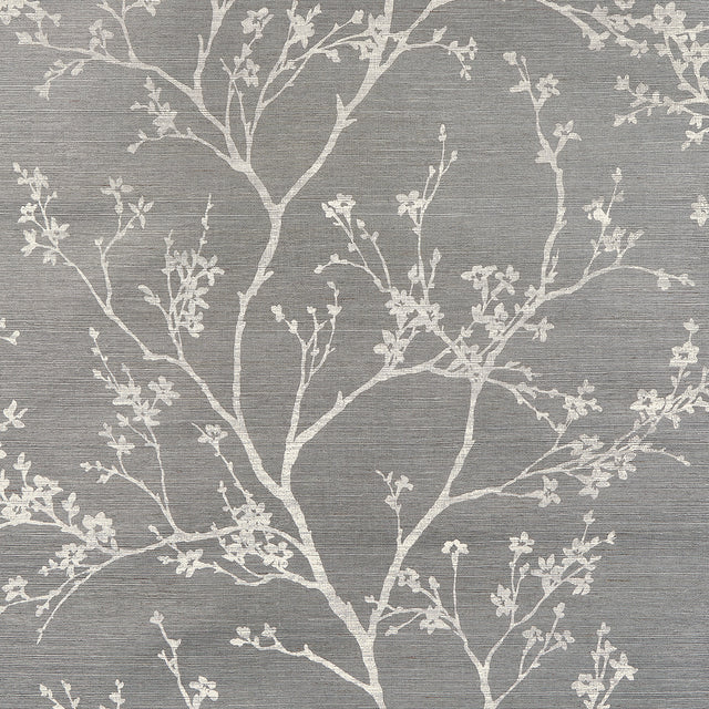 Twiggy Sisal Charcoal wallpaper with delicate flowering branches on a textured sisal ground