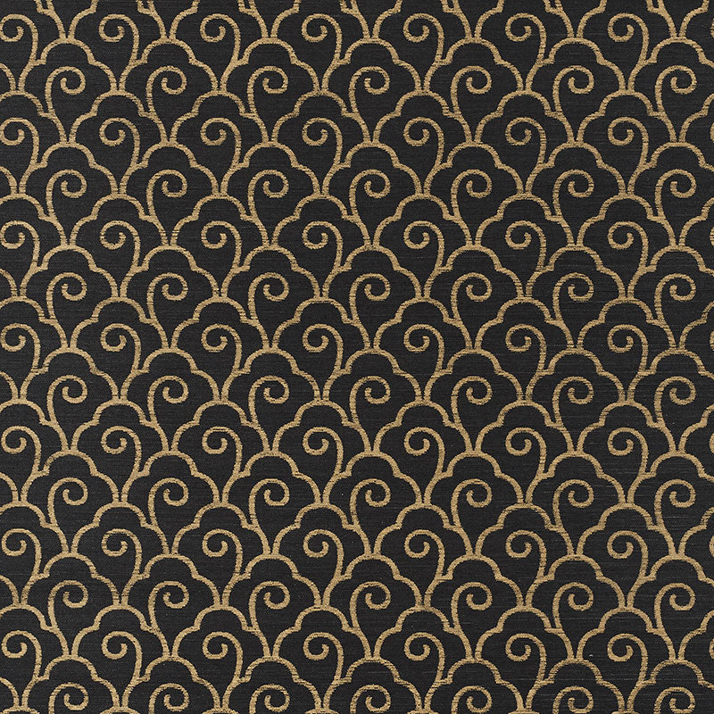 Scallop Filigree Sisal wallpaper in gold on jet, featuring a stylized Art Deco-inspired scrolling pattern.
