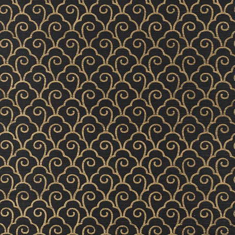 Scallop Filigree Sisal wallpaper in gold on jet, featuring a stylized Art Deco-inspired scrolling pattern.