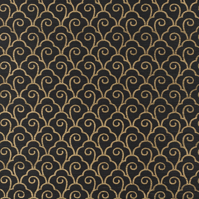 Scallop Filigree Sisal wallpaper in gold on jet, featuring a stylized Art Deco-inspired scrolling pattern.