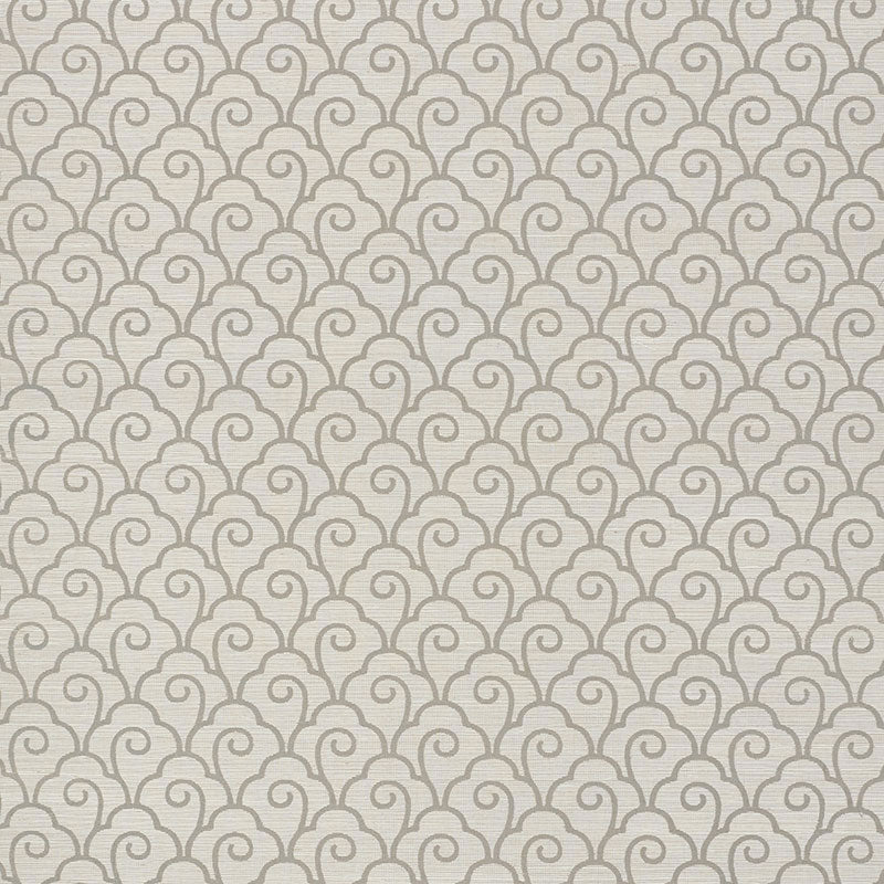 Scallop Filigree Sisal wallpaper in Fog by Schumacher, featuring a stylized Art Deco-inspired scroll pattern in a neutral palette.