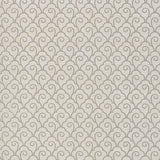 Scallop Filigree Sisal wallpaper in Fog by Schumacher, featuring a stylized Art Deco-inspired scroll pattern in a neutral palette.