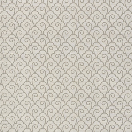 Scallop Filigree Sisal wallpaper in Fog by Schumacher, featuring a stylized Art Deco-inspired scroll pattern in a neutral palette.