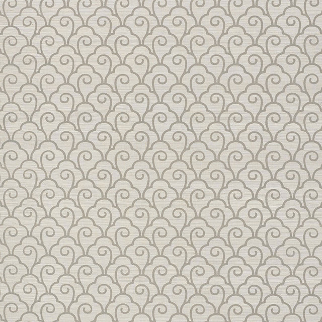 Scallop Filigree Sisal wallpaper in Fog by Schumacher, featuring a stylized Art Deco-inspired scroll pattern in a neutral palette.