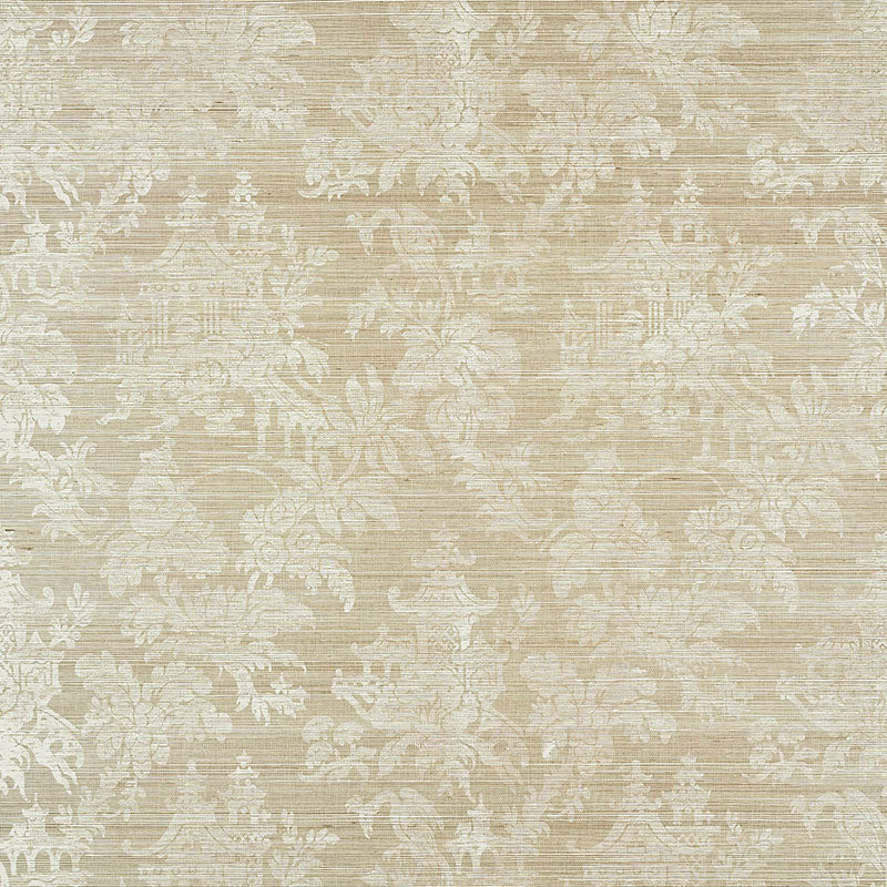 Brighton Sisal Fog by Schumacher, hand-screened chinoiserie damask wallpaper in a neutral beige and fog colorway