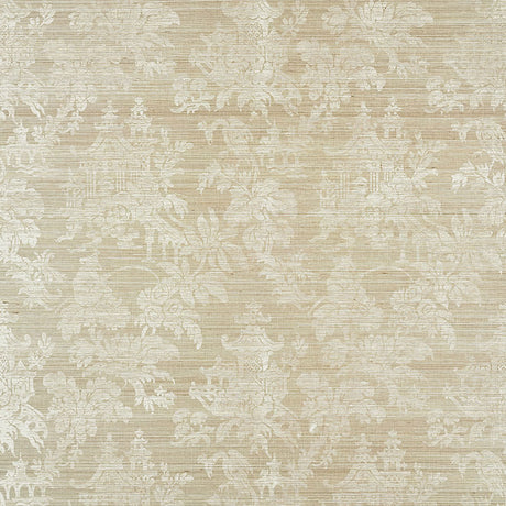 Brighton Sisal Fog by Schumacher, hand-screened chinoiserie damask wallpaper in a neutral beige and fog colorway