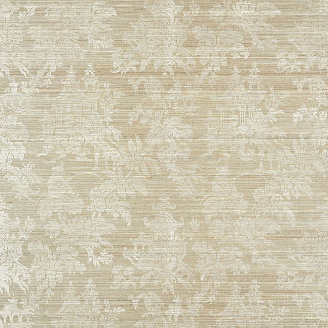 Brighton Sisal Fog by Schumacher, hand-screened chinoiserie damask wallpaper in a neutral beige and fog colorway