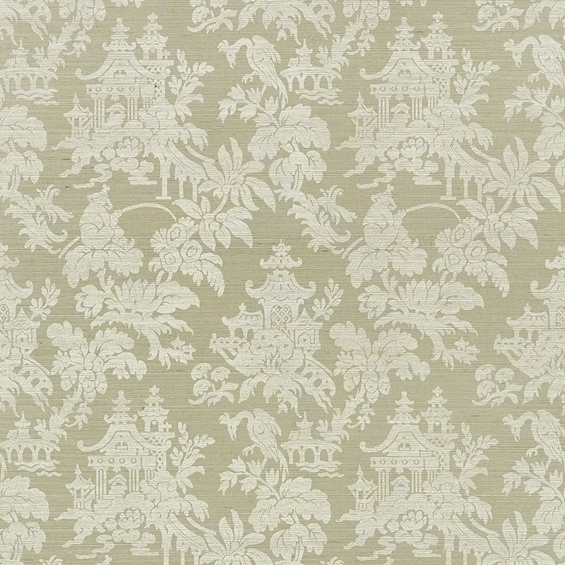 Brighton Sisal wallpaper in sage green with classic chinoiserie pattern by Schumacher