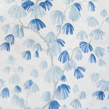 Weeping Pine wallpaper in Slate by David Kaihoi for Schumacher, featuring a sweeping botanical pattern in blue and grey watercolor tones.