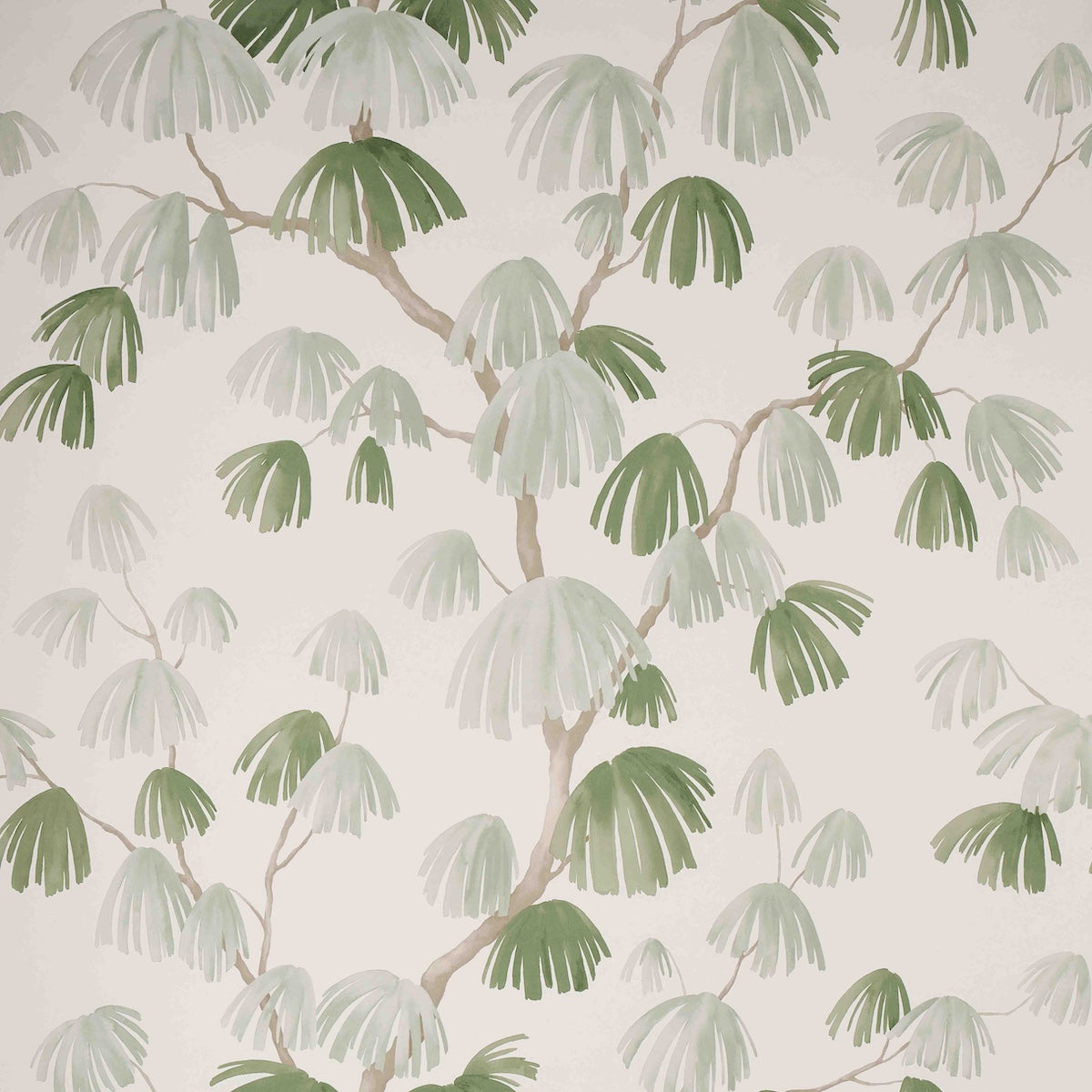 Weeping Pine wallpaper in sage by David Kaihoi for Schumacher, a lush botanical print with painterly pine branches in green and neutral tones.