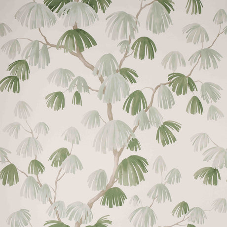 Weeping Pine wallpaper in sage by David Kaihoi for Schumacher, a lush botanical print with painterly pine branches in green and neutral tones.