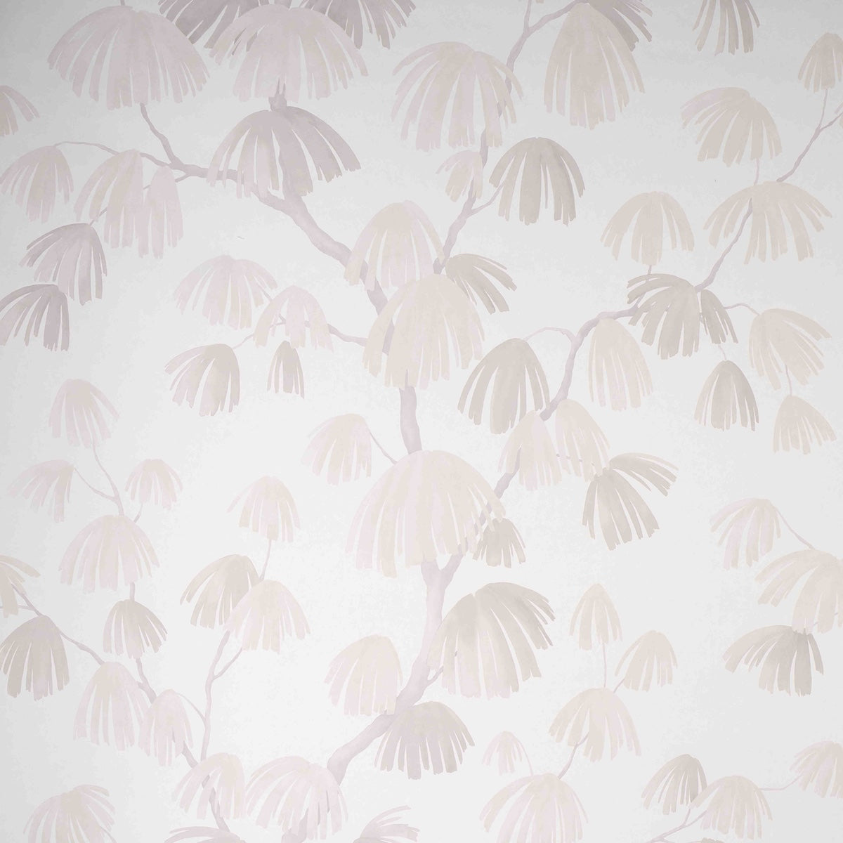 Weeping Pine in Cloud by David Kaihoi for Schumacher, a romantic botanical wallpaper with sweeping pine branches in soft neutral tones.