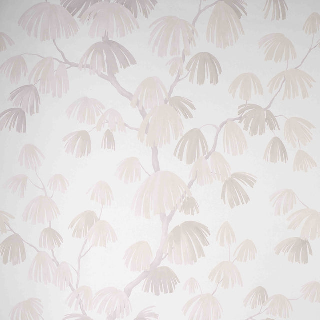 Weeping Pine in Cloud by David Kaihoi for Schumacher, a romantic botanical wallpaper with sweeping pine branches in soft neutral tones.