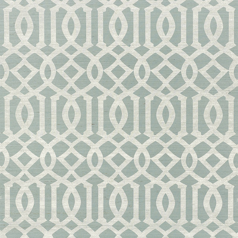 Imperial Trellis Sisal wallpaper in Sky by Kelly Wearstler for Schumacher, featuring a geometric trellis pattern in blue and white.