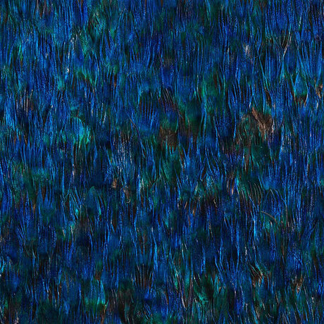 Alexandrite wallcovering in aquamarine blue with vivid jewel tones and iridescent shimmer, composed of hand-applied natural feathers.