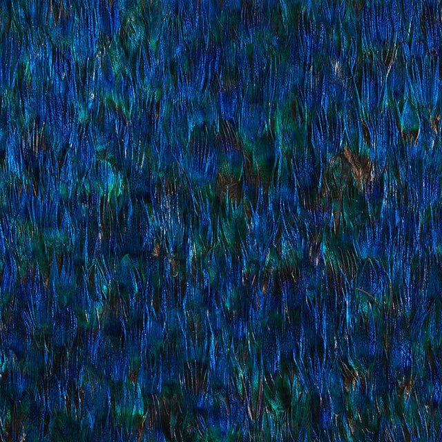 Alexandrite wallcovering in aquamarine blue with vivid jewel tones and iridescent shimmer, composed of hand-applied natural feathers.