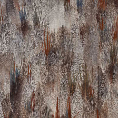 Travertine Celeste wallcovering panel with delicate feather pattern and iridescent accents by Schumacher.