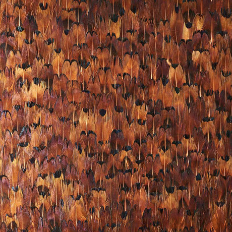 Copper wallcovering panel with a dense, hand-applied natural feather pattern in warm chocolate brown tones.