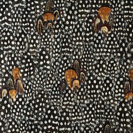 Argentite wallcovering panel with a graphic, textural spotted feather design in coral and black by Schumacher.