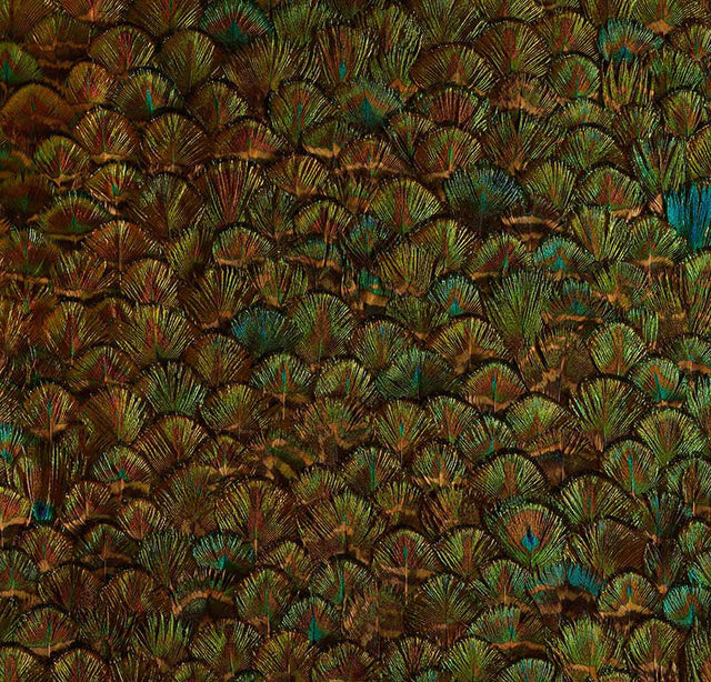 Peridot Emerald by Schumacher - Opulent wallcovering with hand-applied natural feathers in rich jewel tones and iridescent shimmer.