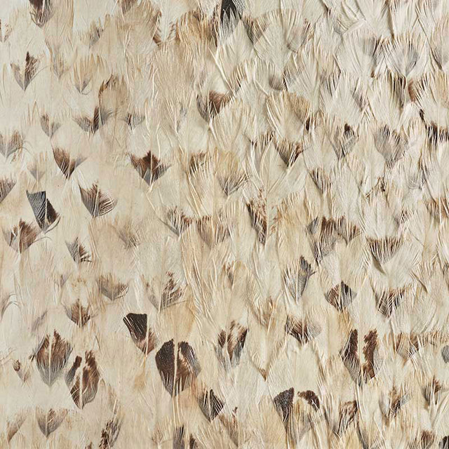 Platinum wallcovering in Smoky Gray by Schumacher, featuring a dense, hand-applied feather pattern for a luxurious, textural look.