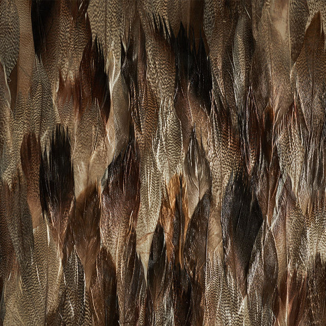 Iridium Tail by Schumacher - Hand-applied natural feather wallcovering panel in rich brown and taupe tones