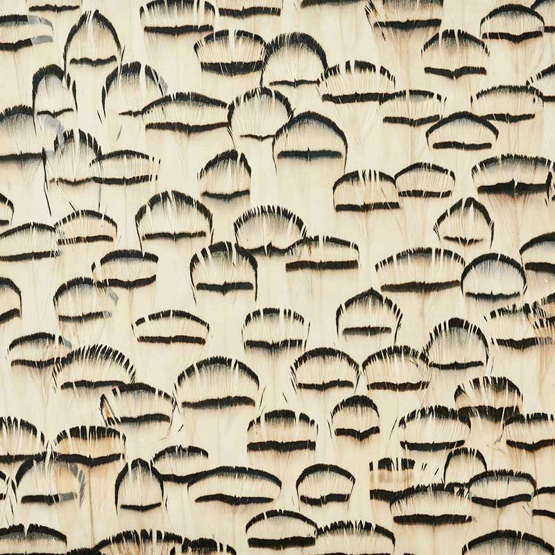 Opal wallcovering panel in white with hand-applied natural striped feathers, graphic and textural design by Schumacher.