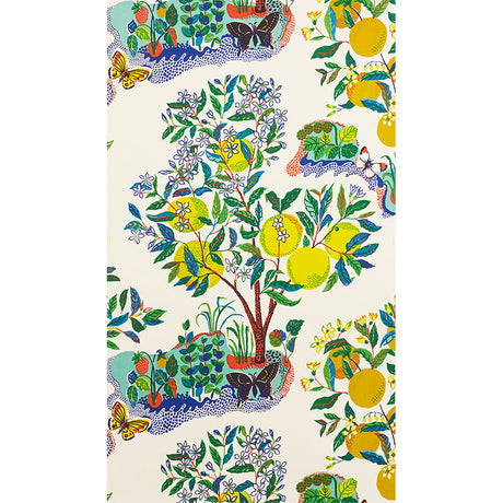 Citrus Garden Panel Set wallpaper by Schumacher featuring vibrant hand-drawn citrus trees, butterflies, and garden motifs in a colorful, whimsical style.