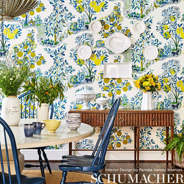 Citrus Garden Panel Set Pool by Schumacher Hand-Drawn Botanical Wallpaper – Schumacher 5008411
