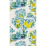 Citrus Garden Panel Set wallpaper in Pool colorway by Schumacher, featuring whimsical hand-drawn citrus trees and foliage in blue, green, and yellow tones.
