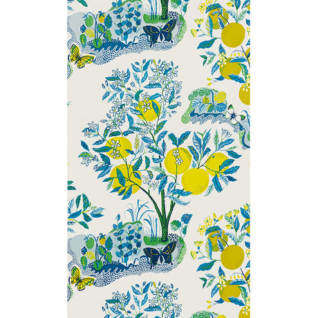 Citrus Garden Panel Set wallpaper in Pool colorway by Schumacher, featuring whimsical hand-drawn citrus trees and foliage in blue, green, and yellow tones.