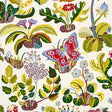 Exotic Butterfly wallpaper by Schumacher featuring vibrant butterflies and botanical motifs in multicolor on a light background.
