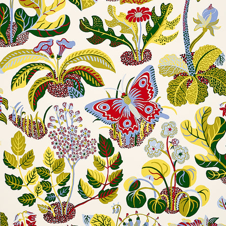 Exotic Butterfly wallpaper by Schumacher featuring vibrant butterflies and botanical motifs in multicolor on a light background.