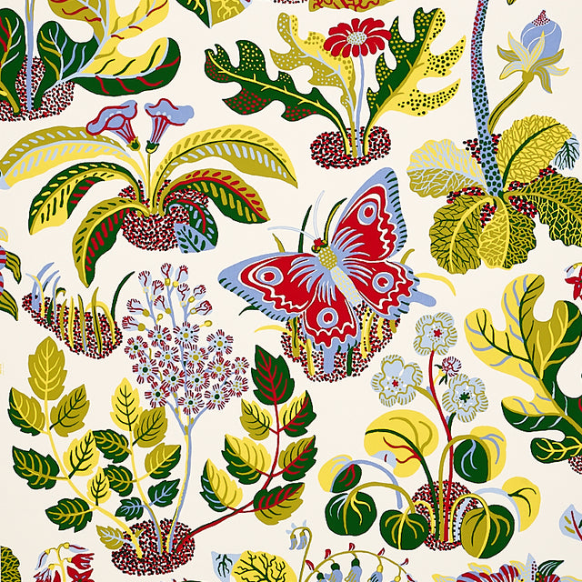 Exotic Butterfly wallpaper by Schumacher featuring vibrant butterflies and botanical motifs in multicolor on a light background.