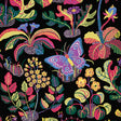 Exotic Butterfly wallpaper by Schumacher featuring vibrant butterflies and botanical motifs on a black background.