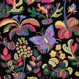 Exotic Butterfly wallpaper by Schumacher featuring vibrant butterflies and botanical motifs on a black background.