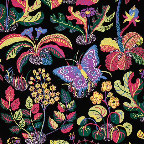 Exotic Butterfly wallpaper by Schumacher featuring vibrant butterflies and botanical motifs on a black background.