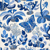 Exotic Butterfly Marine wallpaper by Schumacher featuring blue butterflies and botanical motifs in a whimsical, modern style.