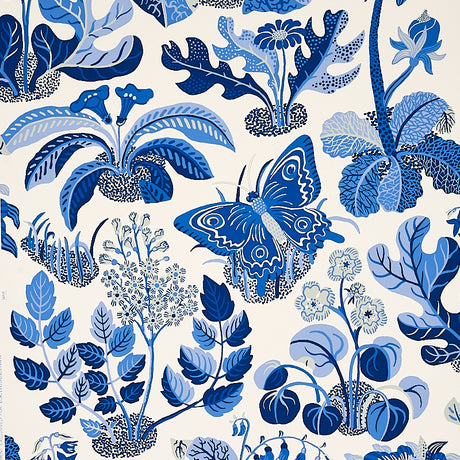 Exotic Butterfly Marine wallpaper by Schumacher featuring blue butterflies and botanical motifs in a whimsical, modern style.