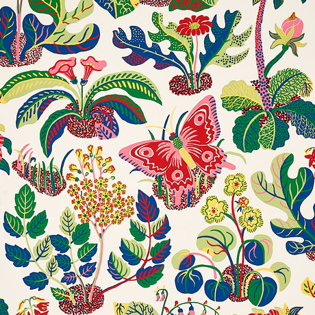 Exotic Butterfly wallpaper in Spring colorway by Schumacher, featuring vibrant butterflies and botanical motifs on a cream background.