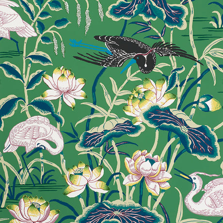 Lotus Garden Jade wallpaper with Japanese-inspired floral and bird motifs on a green background by Schumacher.