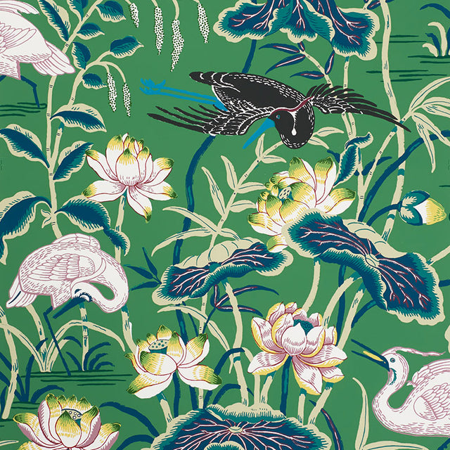 Lotus Garden Jade wallpaper with Japanese-inspired floral and bird motifs on a green background by Schumacher.