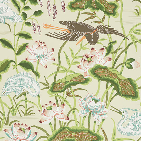 Lotus Garden wallpaper in Parchment by Schumacher, featuring hand-screened Japanese-inspired lotus flowers, birds, and lush greenery.