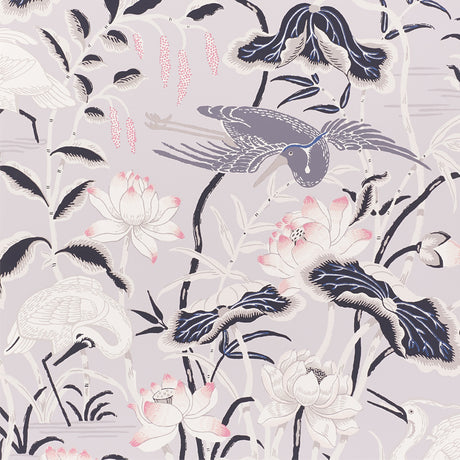 Lotus Garden wallpaper in Lilac by Schumacher, featuring Japanese-inspired birds and lotus flowers in a hand-screened design.
