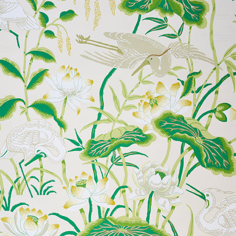 Lotus Garden wallpaper in Leaf by Schumacher features a hand-screened Japanese-inspired botanical and bird motif in green and white.