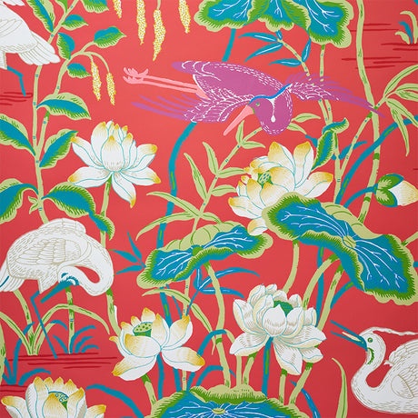 Lotus Garden wallpaper in red with hand-screened Japanese-inspired floral and bird motifs by Schumacher.